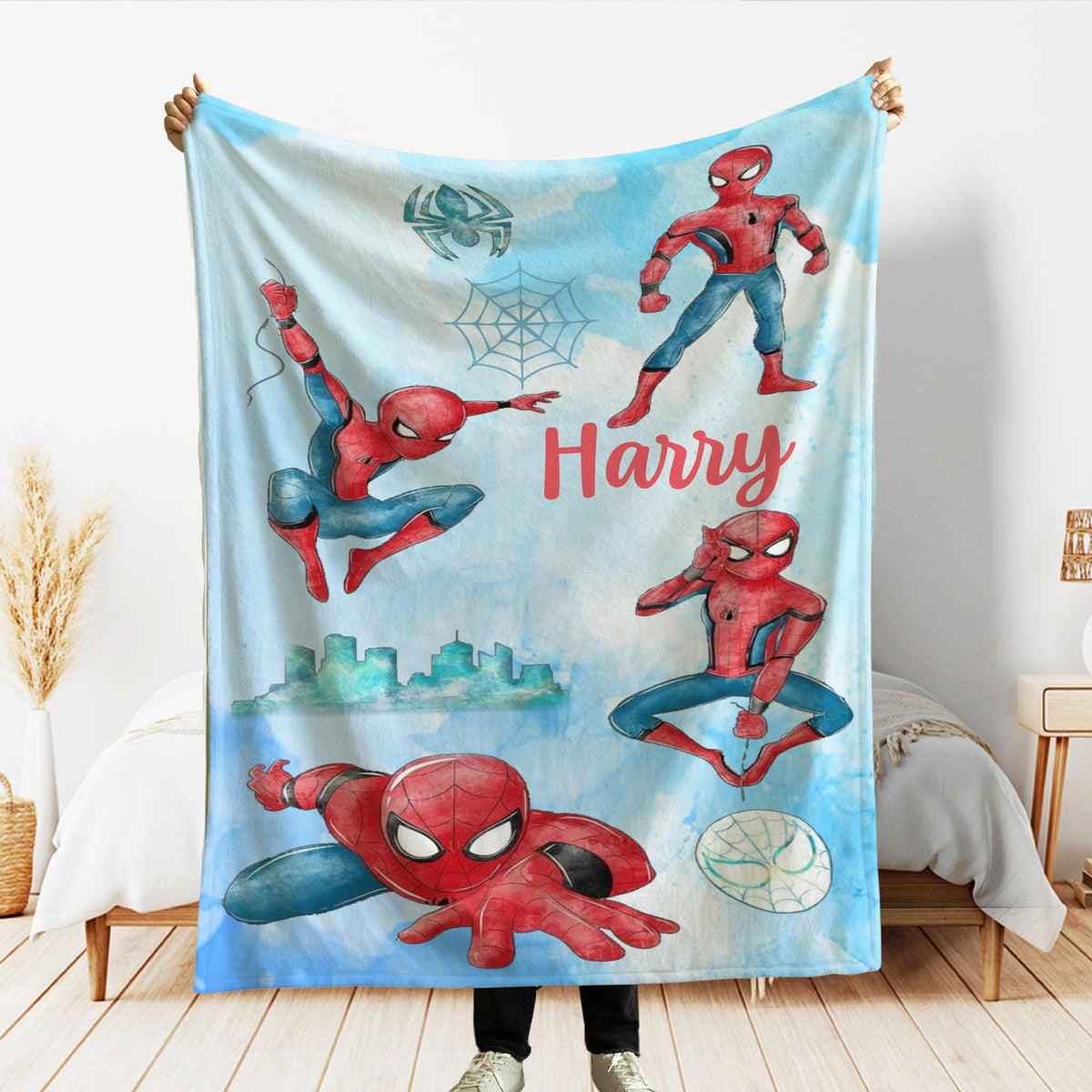 Personalized Watercolor Spider-man Blanket, Custom Name Birthday Boy gift, Peter Parker blankets, Spiderman Family Throw, Superhero Blanket