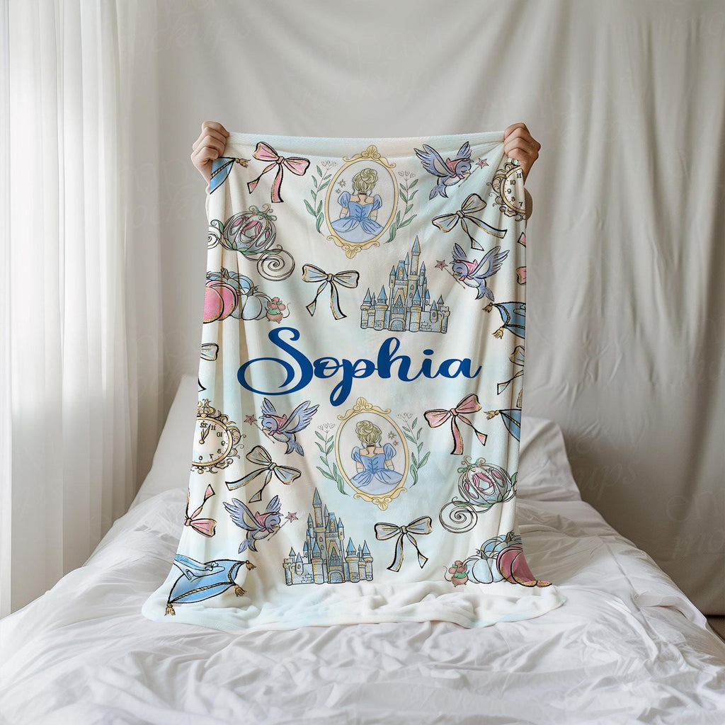 Coquette Princess Cinderella Personalized Blanket, Custom Name gift, Disney Princess Blanket, Cinderella Bows Throw, Bibbidi Bobbidi Boo