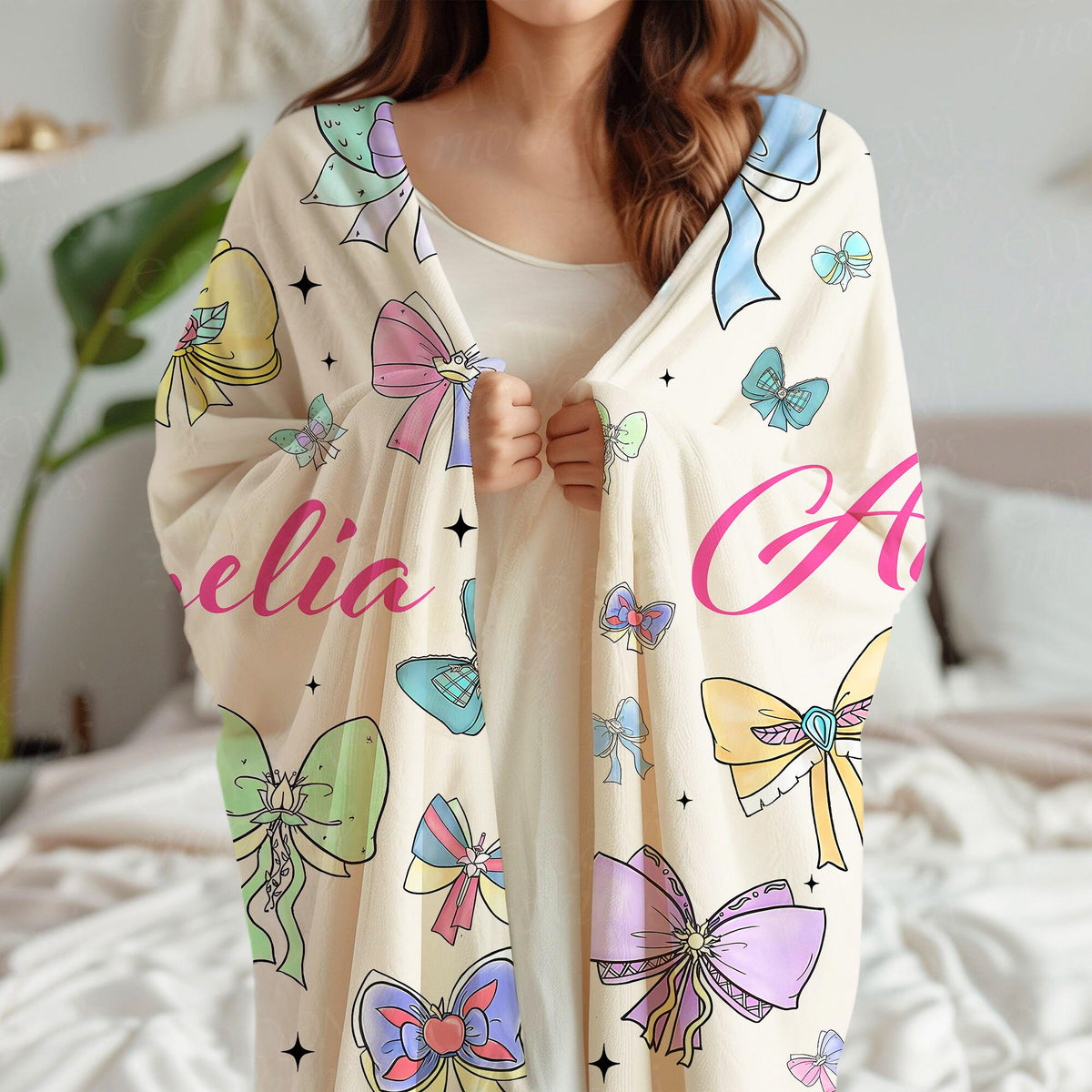 Coquette Princess Personalized Blanket, Custom Name Disney Princess Cute Ribbons And Bows Pastel Colors Blanket, Disney Princess Bow Throw