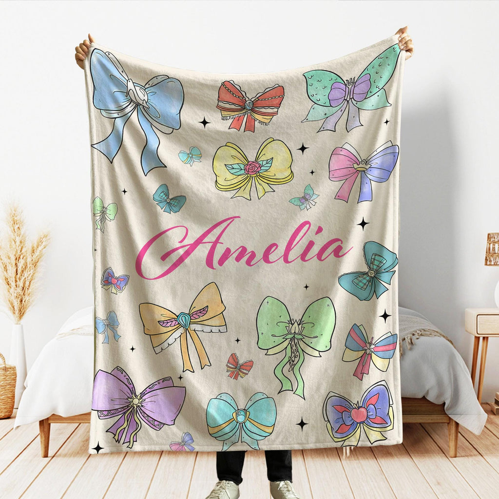 Coquette Princess Personalized Blanket, Custom Name Disney Princess Cute Ribbons And Bows Pastel Colors Blanket, Disney Princess Bow Throw