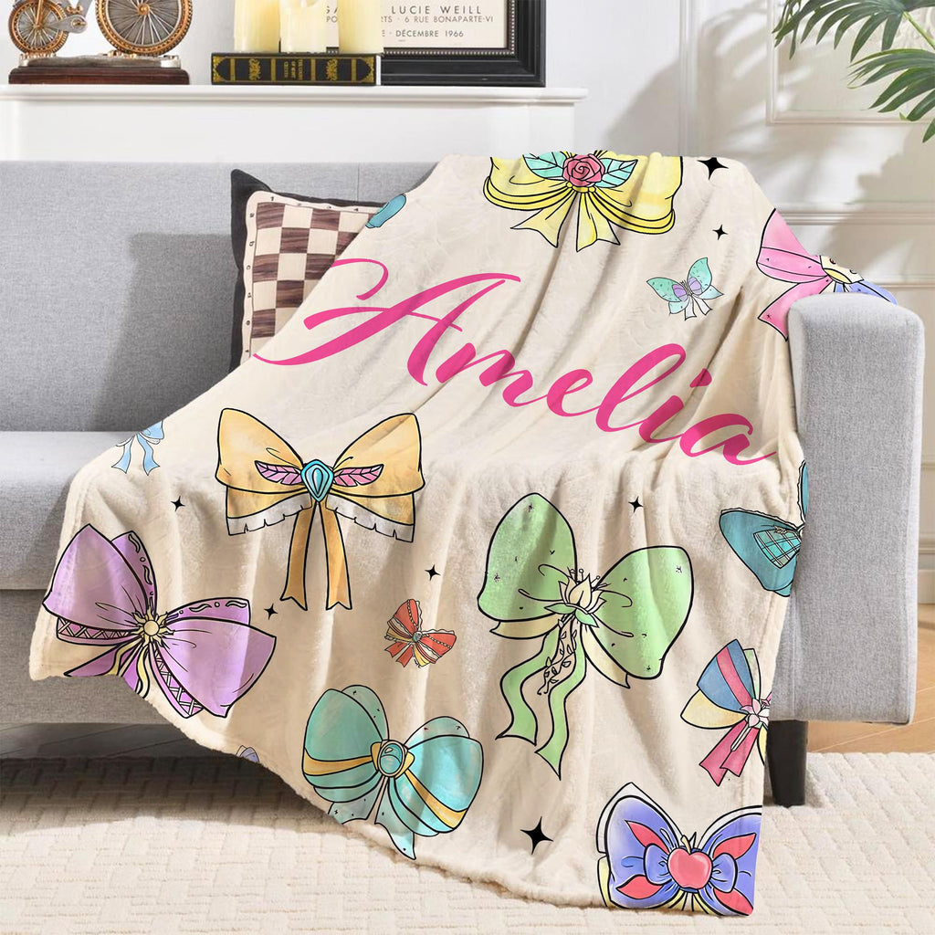 Coquette Princess Personalized Blanket, Custom Name Disney Princess Cute Ribbons And Bows Pastel Colors Blanket, Disney Princess Bow Throw