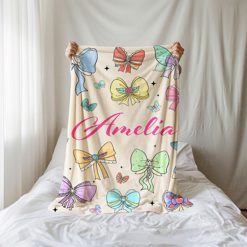 Coquette Princess Personalized Blanket, Custom Name Disney Princess Cute Ribbons And Bows Pastel Colors Blanket, Disney Princess Bow Throw