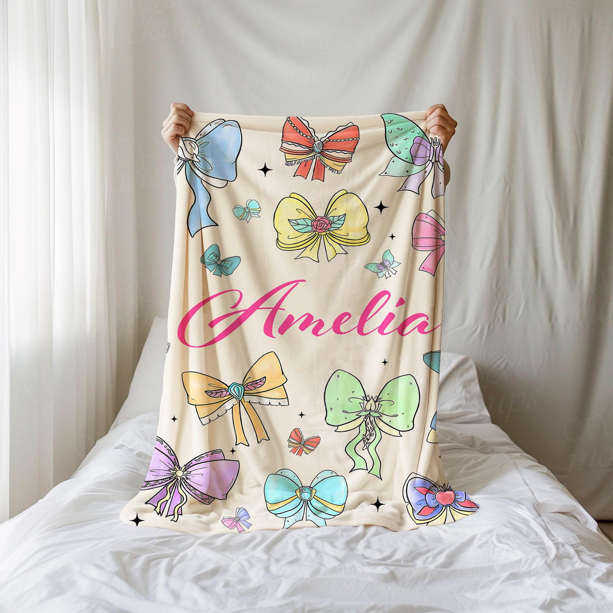 Coquette Princess Personalized Blanket, Custom Name Disney Princess Cute Ribbons And Bows Pastel Colors Blanket, Disney Princess Bow Throw