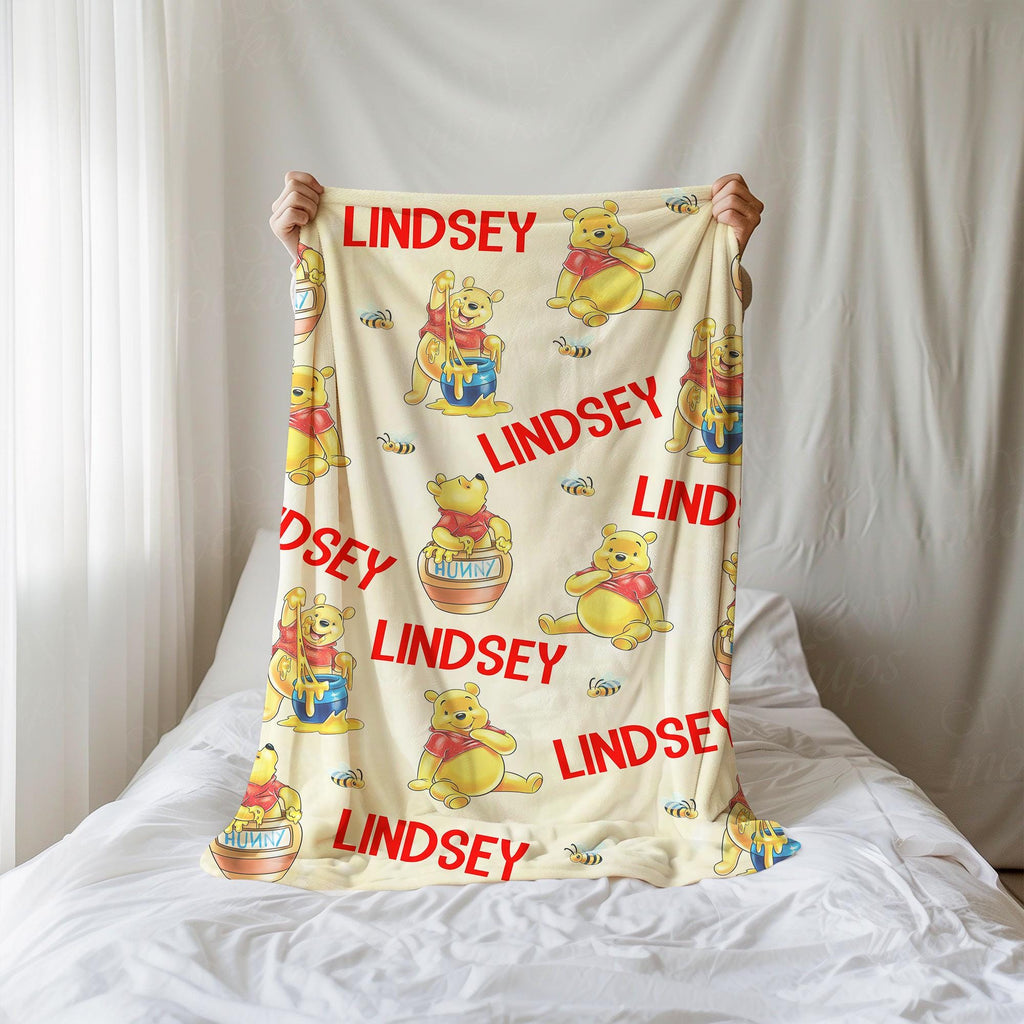 Custom Disney Winnie The Pooh Blanket, Pooh Bear Blankets, Custom Name gift, Pooh Birthday blankets, Pooh Decor, Winnie Pooh Blankets