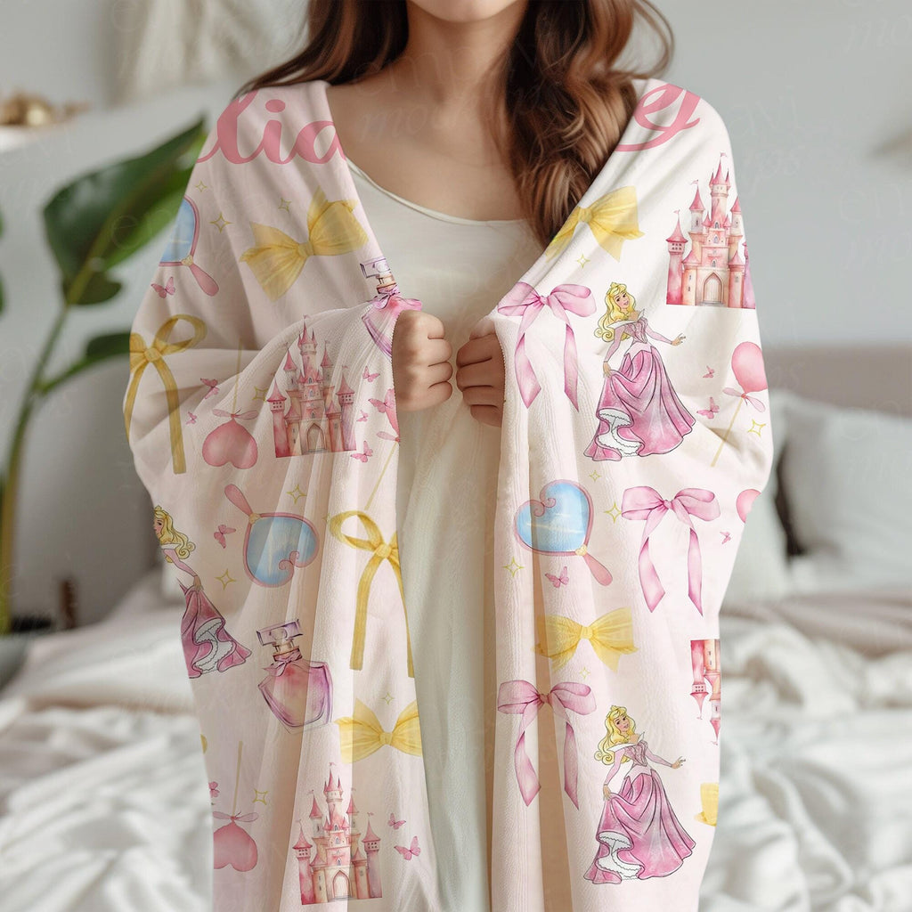 Watercolor Coquette Bows Disney Princess Blanket, Custom Aurora Blanket, Sleeping Beauty Throw, Princess Birthday Girl Gift, Princess Bows