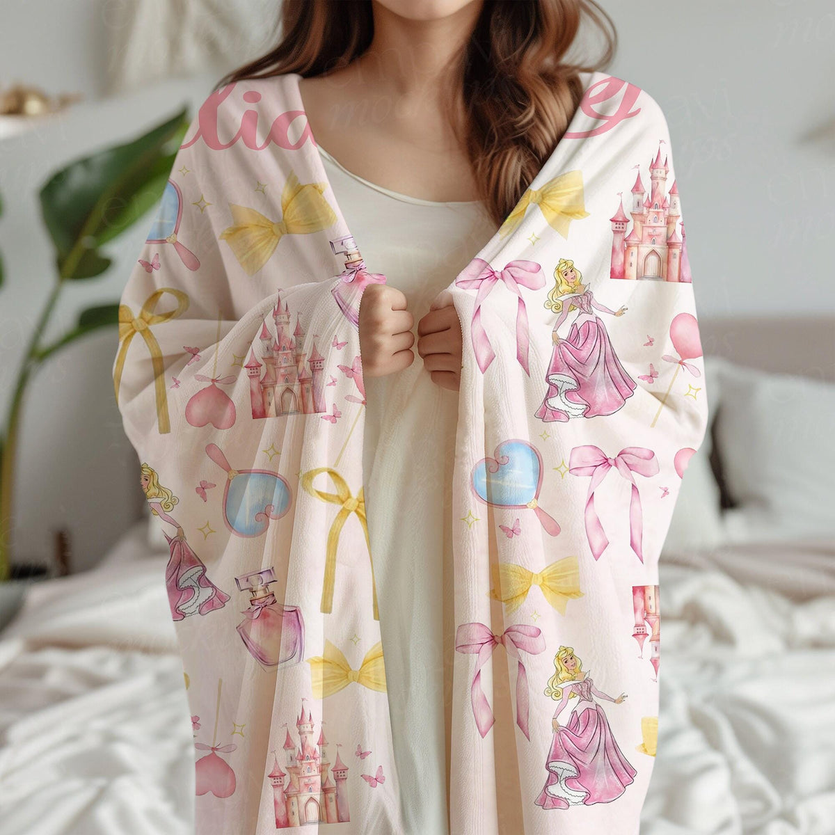 Watercolor Coquette Bows Disney Princess Blanket, Custom Aurora Blanket, Sleeping Beauty Throw, Princess Birthday Girl Gift, Princess Bows