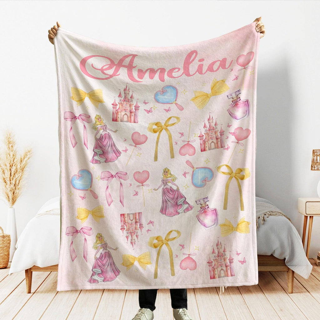 Watercolor Coquette Bows Disney Princess Blanket, Custom Aurora Blanket, Sleeping Beauty Throw, Princess Birthday Girl Gift, Princess Bows
