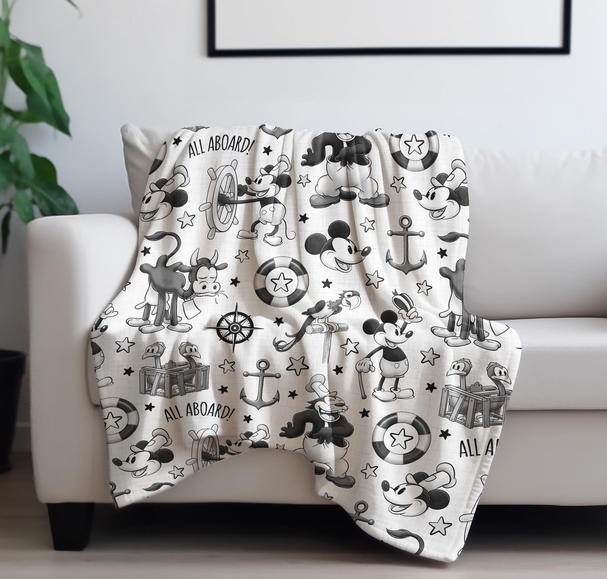 Vintage Mickey Steamboat Willie Velveteen Blanket, Disney Throw, Cozy Black and White Two-sided Print Mickey Blanket for Kids Bedroom Decor,