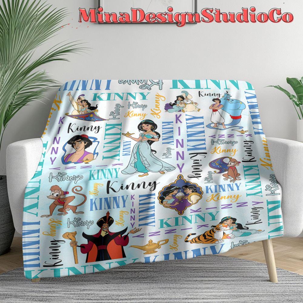 Personalized Watercolor Disney Aladdin Blanket, Disney Princess Jasmine Blanket, Aladdin Genie Jafar Birthday Girl Birthday Boy Home Decor