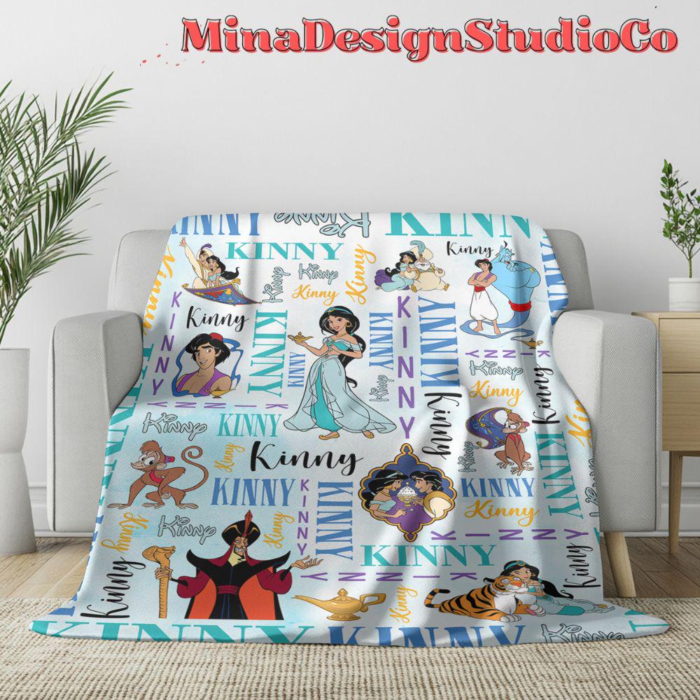 Personalized Watercolor Disney Aladdin Blanket, Disney Princess Jasmine Blanket, Aladdin Genie Jafar Birthday Girl Birthday Boy Home Decor