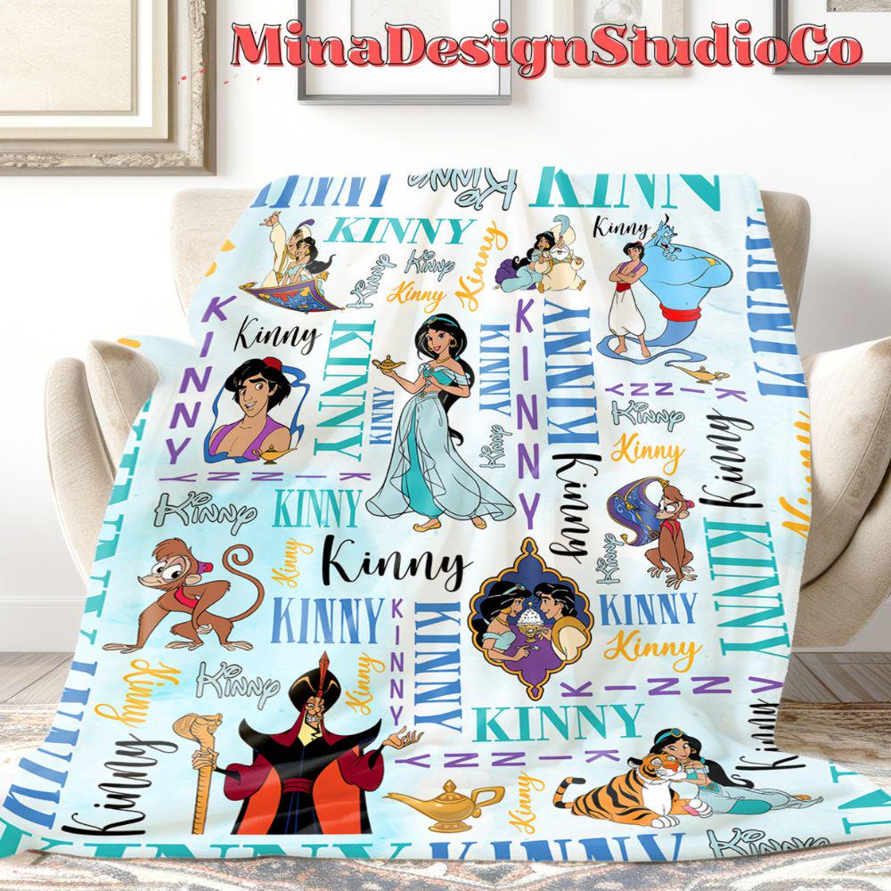 Personalized Watercolor Disney Aladdin Blanket, Disney Princess Jasmine Blanket, Aladdin Genie Jafar Birthday Girl Birthday Boy Home Decor