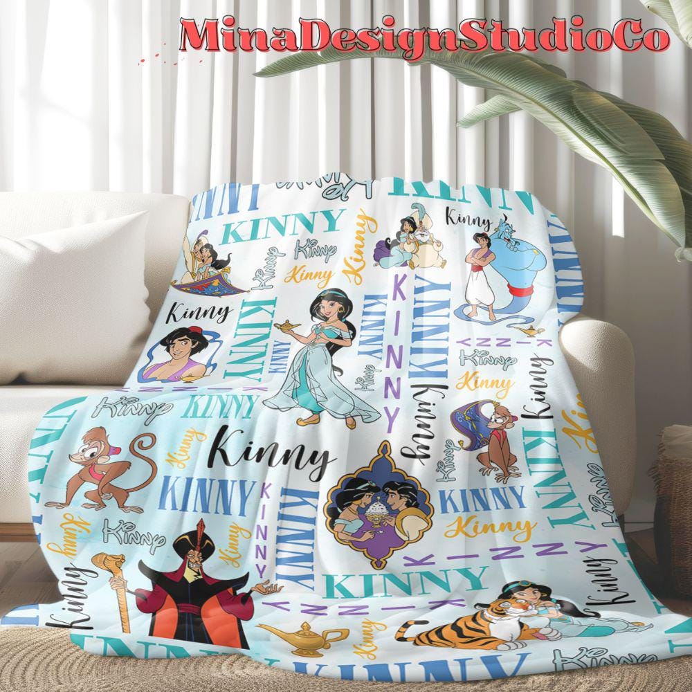 Personalized Watercolor Disney Aladdin Blanket, Disney Princess Jasmine Blanket, Aladdin Genie Jafar Birthday Girl Birthday Boy Home Decor