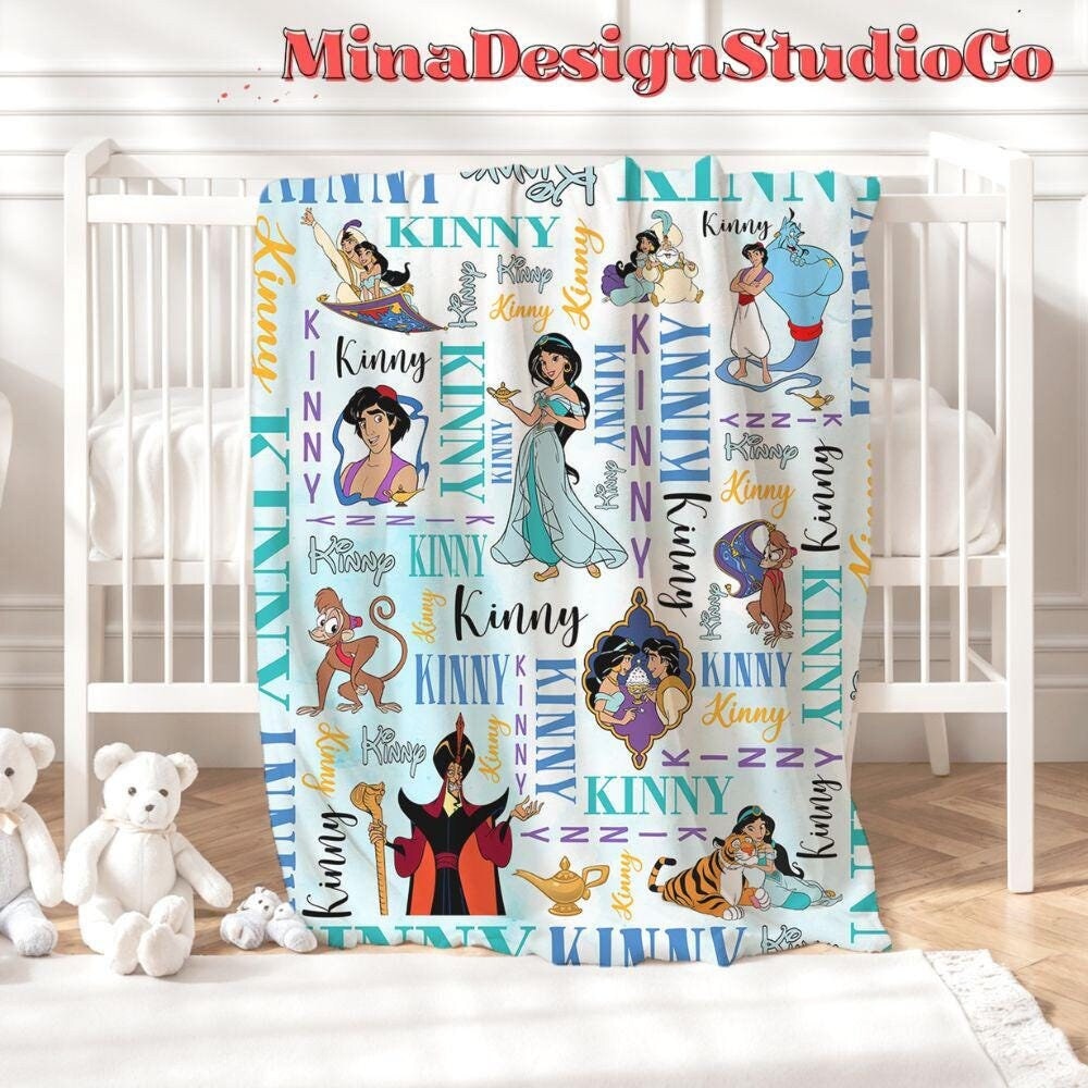 Personalized Watercolor Disney Aladdin Blanket, Disney Princess Jasmine Blanket, Aladdin Genie Jafar Birthday Girl Birthday Boy Home Decor