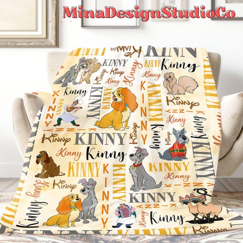 Personalized Watercolor Disney Lady and the Tramp Blanket, Disney Dog Lovers Gift Home Decor, Lady and Tramp Couple Dog Mom, Dog Dad Blanket