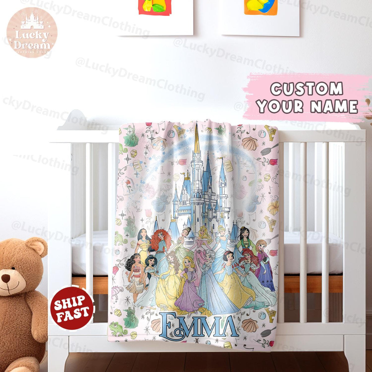 Personalized Disney Princess Blanket, Custom name Disney Princess Blanket, Gift for Daughter, Birthday Gift Idea For Her, Gift for Baby Girl
