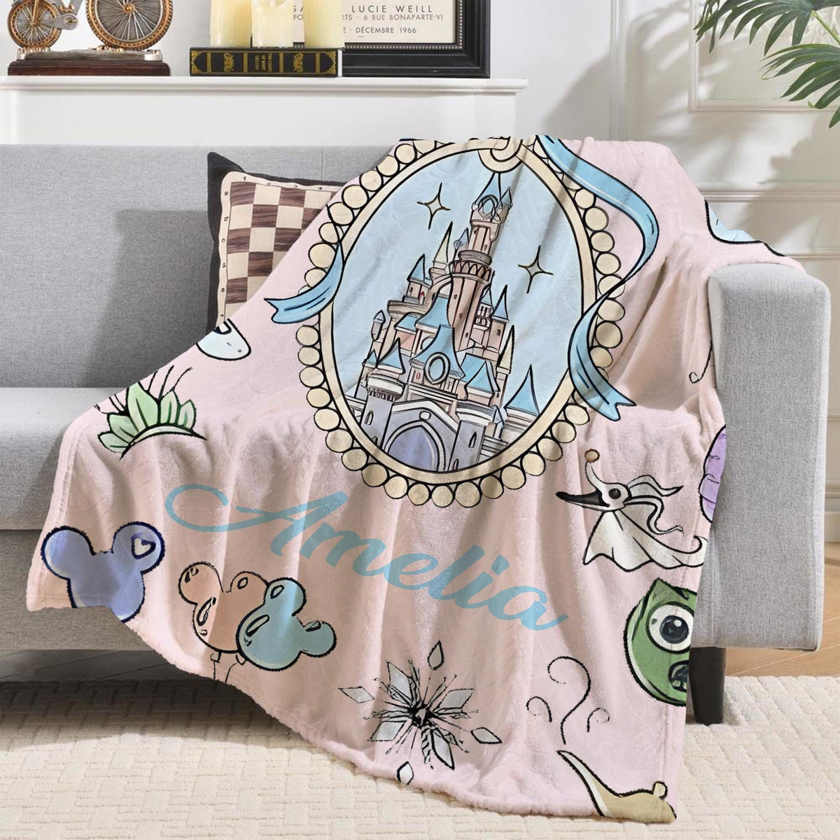 Custom Name Walt Disney Castle Blanket, Coquette Bows Disney Throws, Baby Girl Gifts, Disney Family Castle gift, Magic kingdom Castle Throw