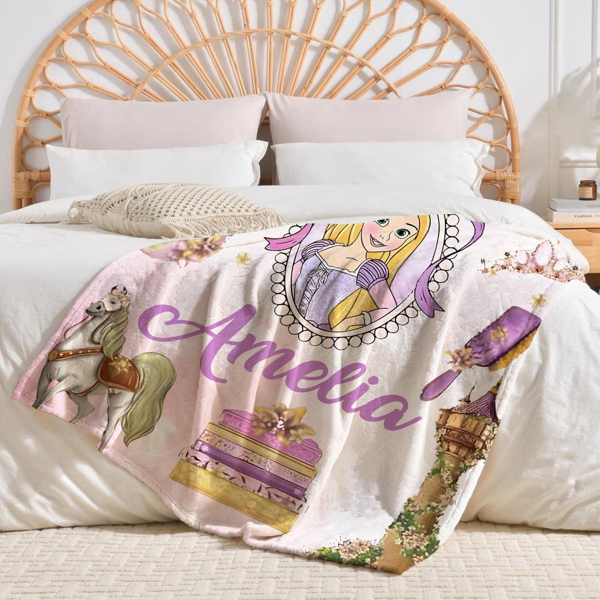 Personalized Coquette Bows Rapunzel Blanket, Watercolor Frame Coquette Bows Disney Princess Shirt, WDW Birthday Girl Blanket, Tangled Throw