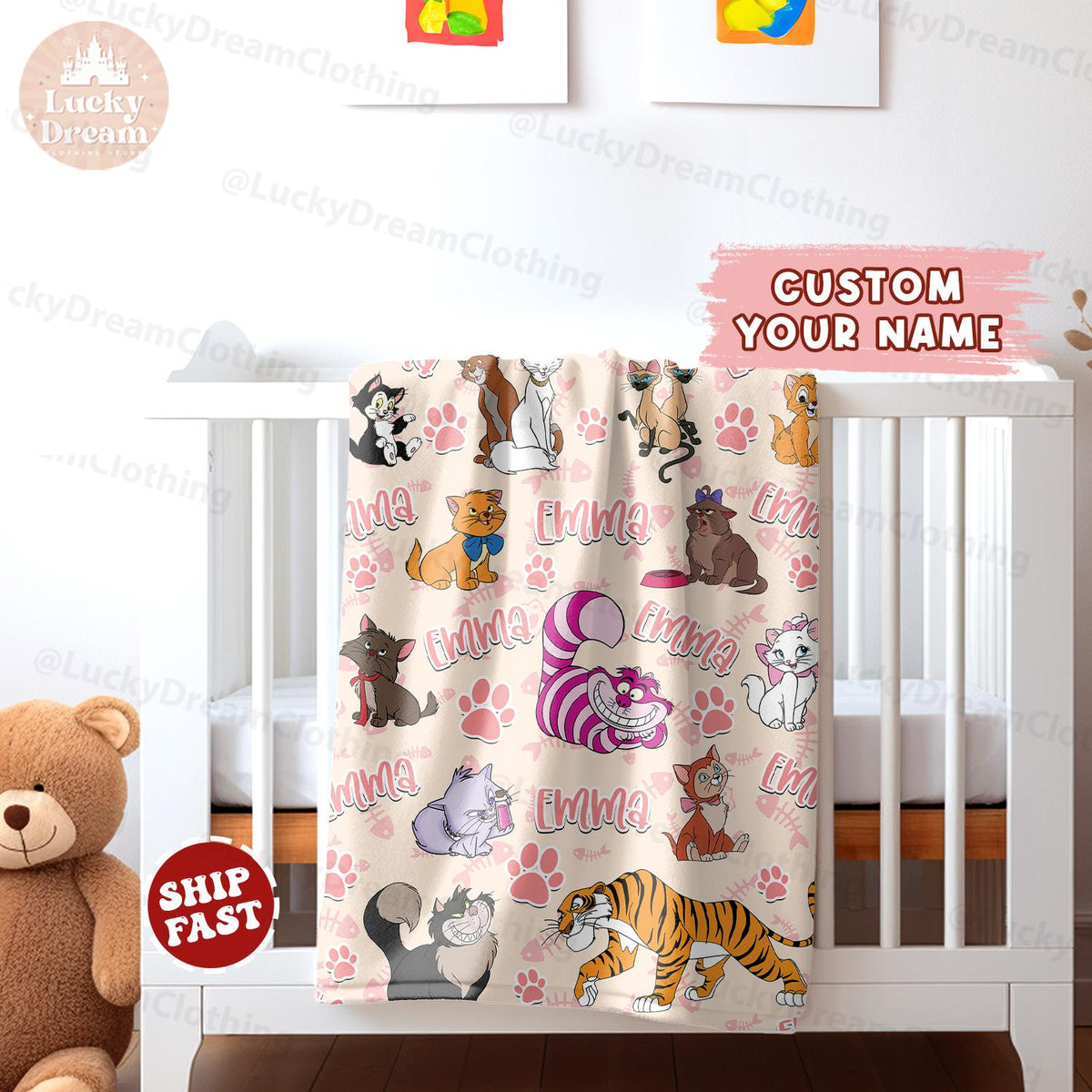 Personalized Disney Cats Character Kitten Blanket, Marie Toulouse Berlioz Figaro Cheshire Cat Lover Birthday Girl, Cat Mom Baby Girl Blanket