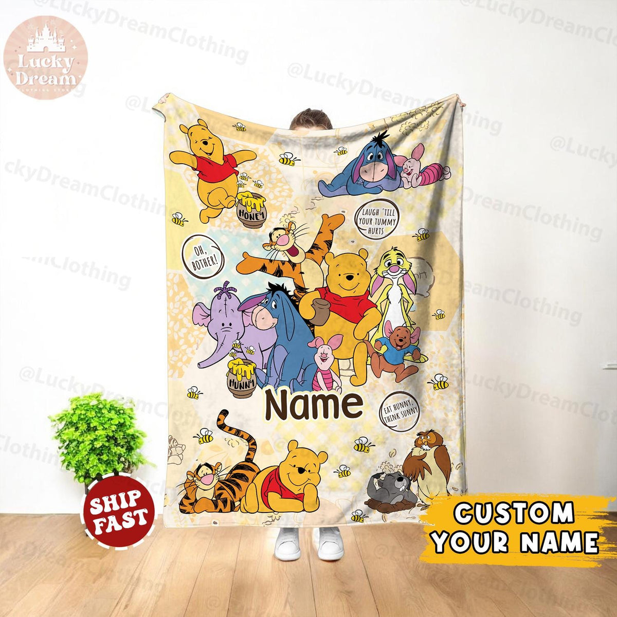 Personalized Watercolor Winnie the Pooh Baby blanket, Pooh Bear and friends blanket, Birthday gift for her/him From Mom, Kids Adults blanket