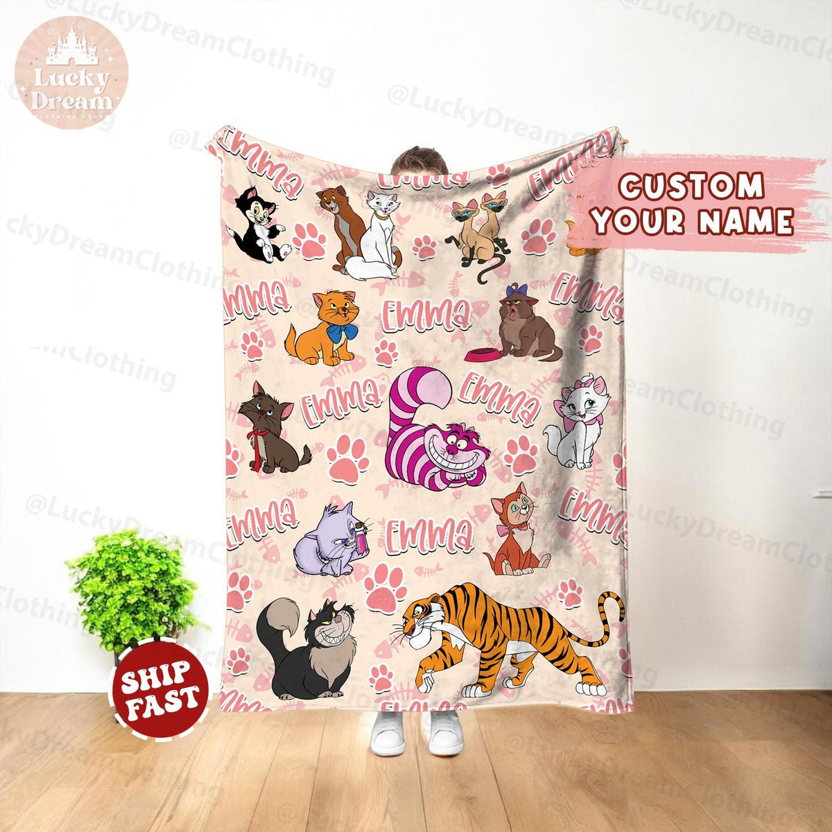 Personalized Disney Cats Character Kitten Blanket, Marie Toulouse Berlioz Figaro Cheshire Cat Lover Birthday Girl, Cat Mom Baby Girl Blanket