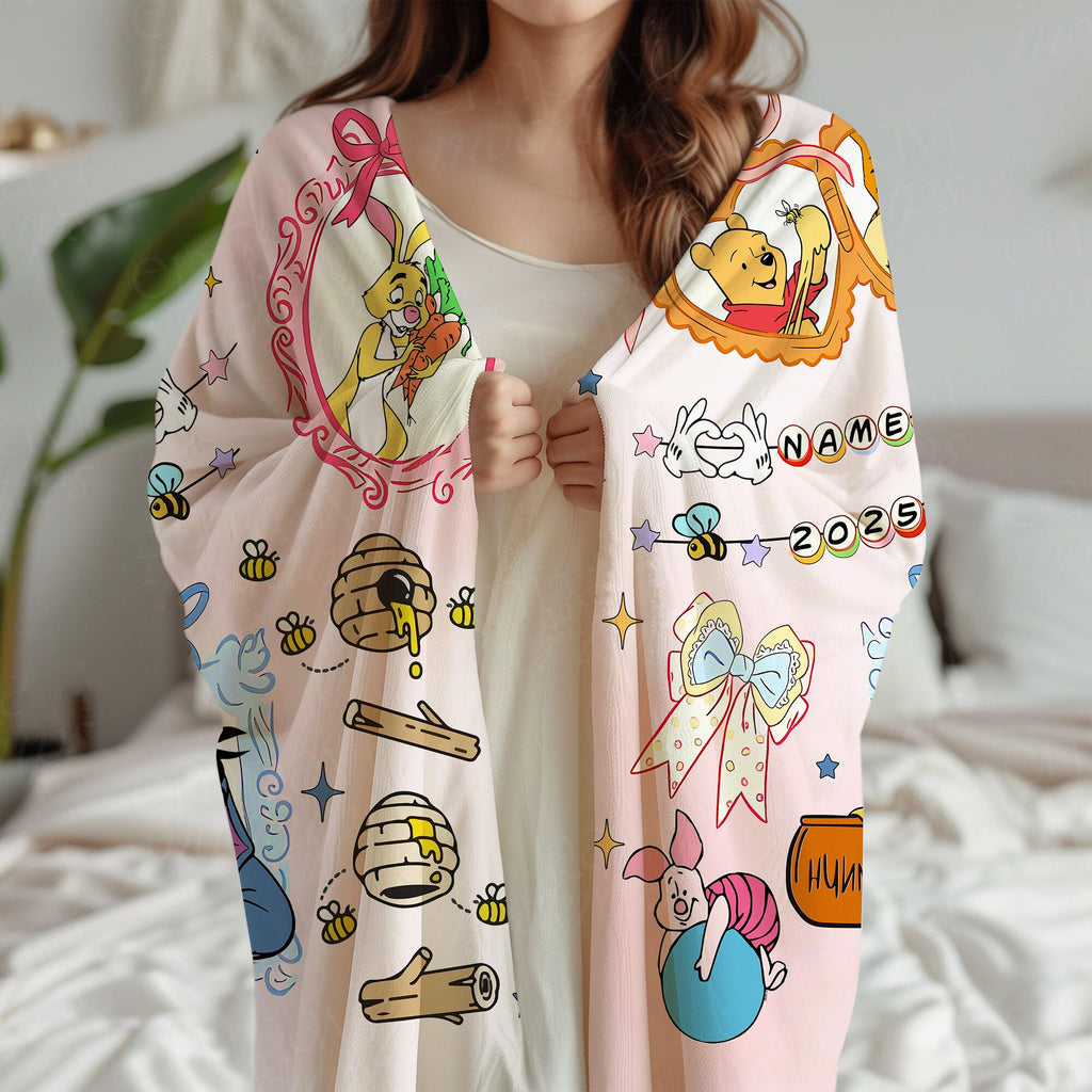 Personalized Coquette Bow Pooh & friends Blanket, Pooh Mirror Coquette Bows throw, Disneyland Birthday Girl Blanket, Girly aesthetic Blanket
