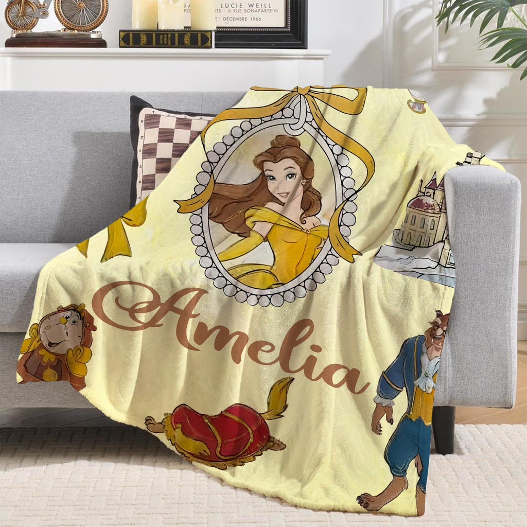 Custom Disney Belle Princess Blanket, Disney Frame Coquette Bows Throw, Disneyland Birthday Girl, Belle Blanket, Beauty and Beast Blankets
