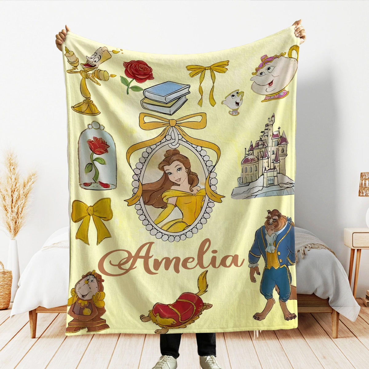 Custom Disney Belle Princess Blanket, Disney Frame Coquette Bows Throw, Disneyland Birthday Girl, Belle Blanket, Beauty and Beast Blankets