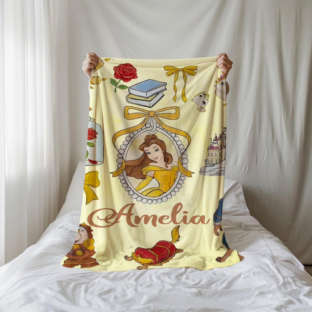 Custom Disney Belle Princess Blanket, Disney Frame Coquette Bows Throw, Disneyland Birthday Girl, Belle Blanket, Beauty and Beast Blankets