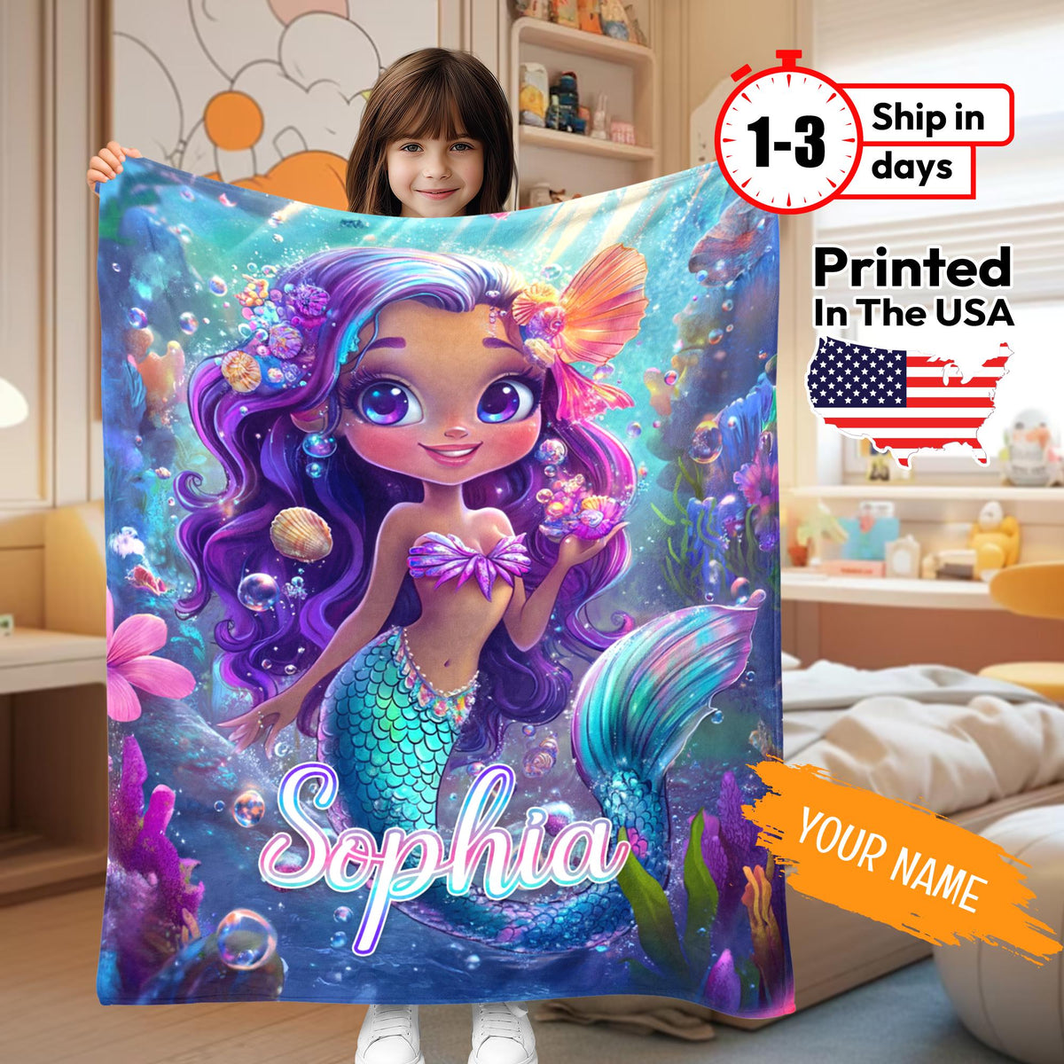 Custom Mermaid blanket, Kids Name Blanket, Personalized Blankets With Name, Mermaid Blanket for Her, Birthday Gift for Mermaid Lover