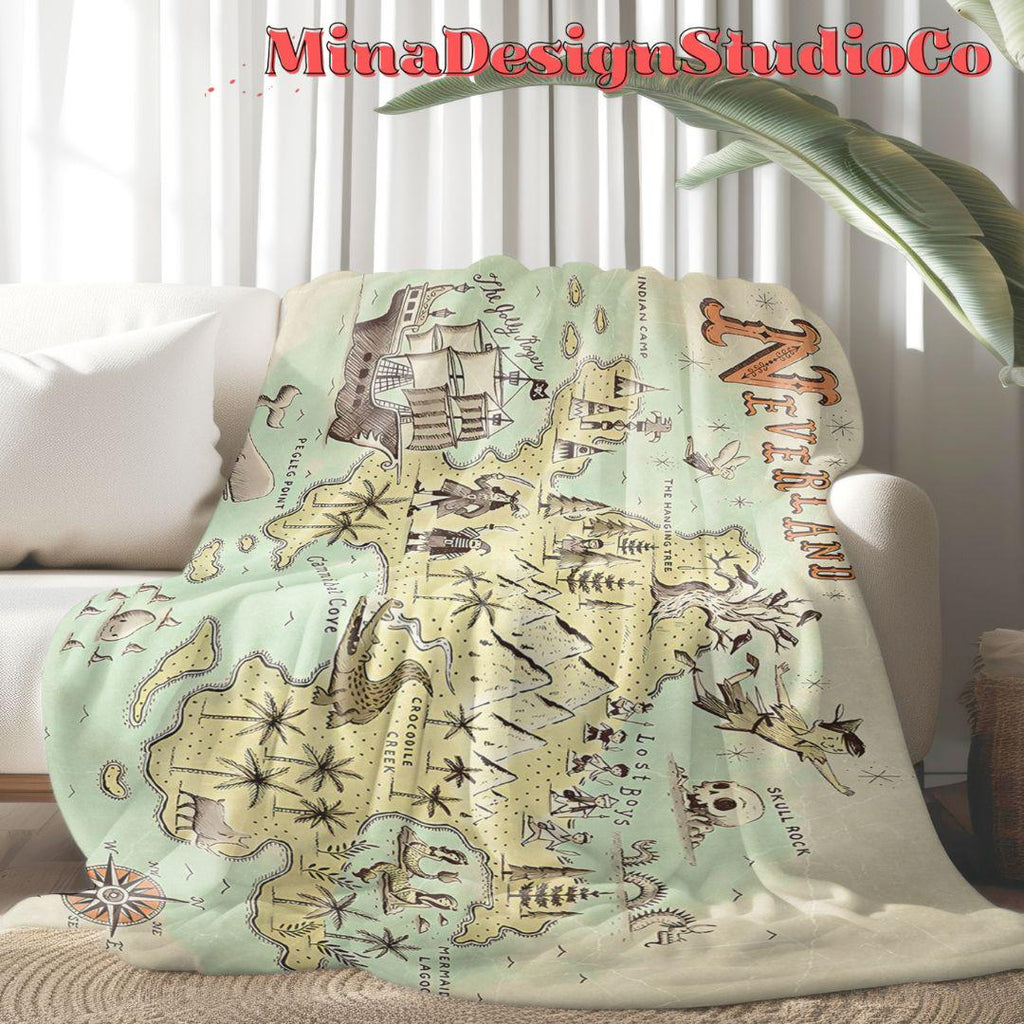 Never Grow Up Disney Peter Pan Neverland Map Blanket, Peter Pan Wendy Tinker Bell Neverland Gift, Captain Hook Pirate Family Home Decoration