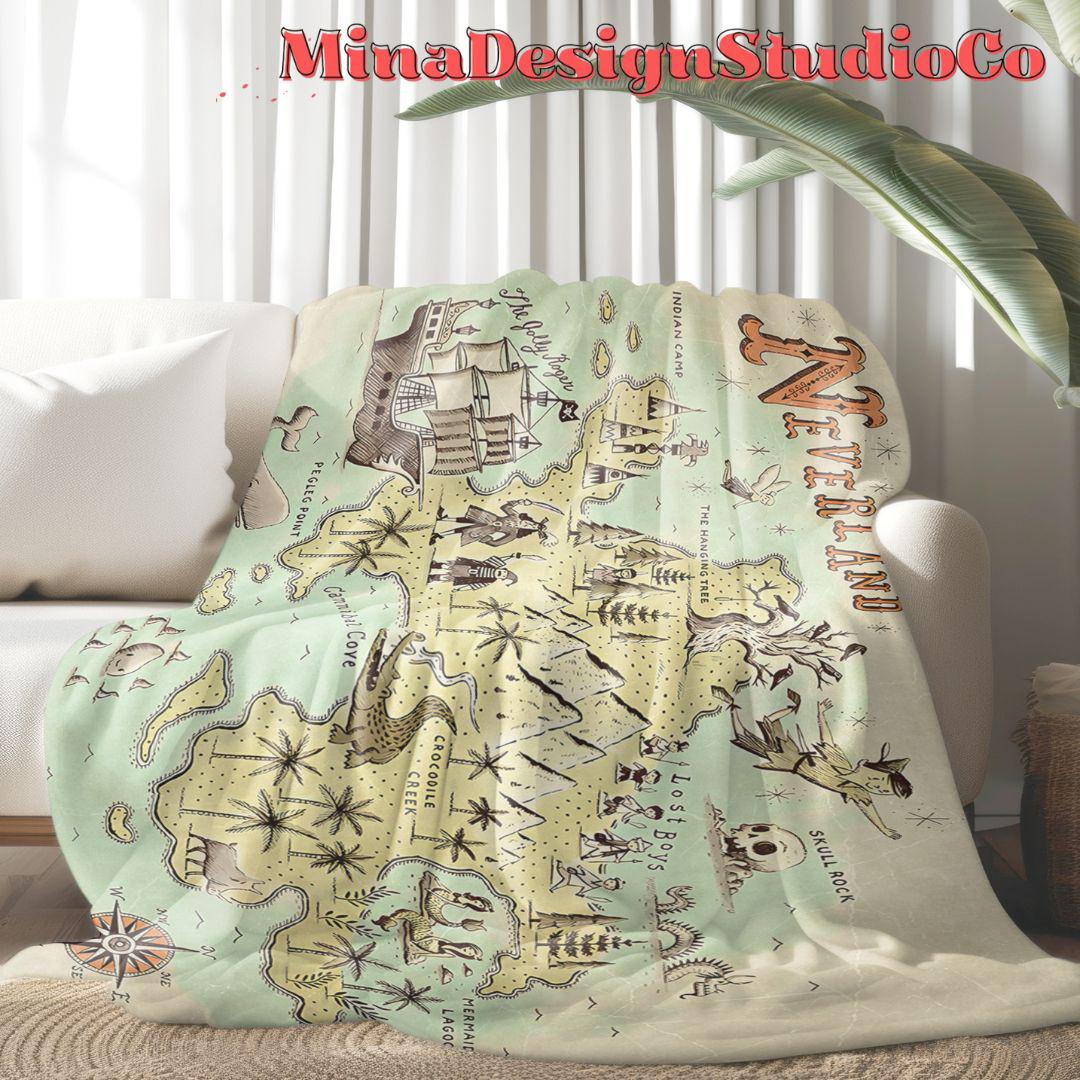 Never Grow Up Disney Peter Pan Neverland Map Blanket, Peter Pan Wendy Tinker Bell Neverland Gift, Captain Hook Pirate Family Home Decoration