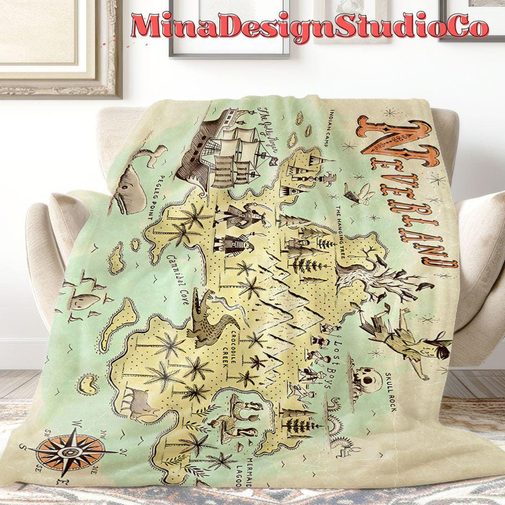 Never Grow Up Disney Peter Pan Neverland Map Blanket, Peter Pan Wendy Tinker Bell Neverland Gift, Captain Hook Pirate Family Home Decoration