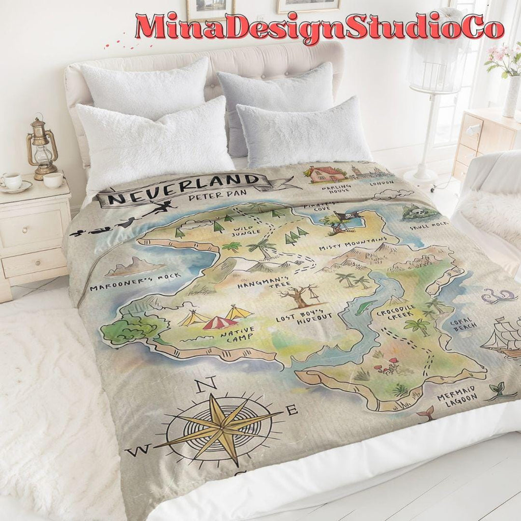 Never Grow Up Disney Peter Pan Neverland Map Blanket, Peter Pan Wendy Tinker Bell Neverland Gift, Captain Hook Pirate Family Home Decoration