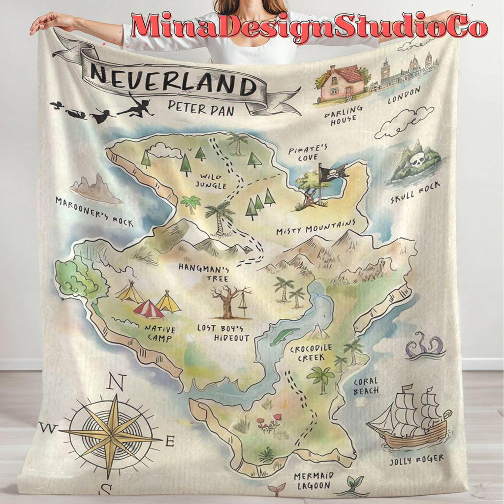 Never Grow Up Disney Peter Pan Neverland Map Blanket, Peter Pan Wendy Tinker Bell Neverland Gift, Captain Hook Pirate Family Home Decoration