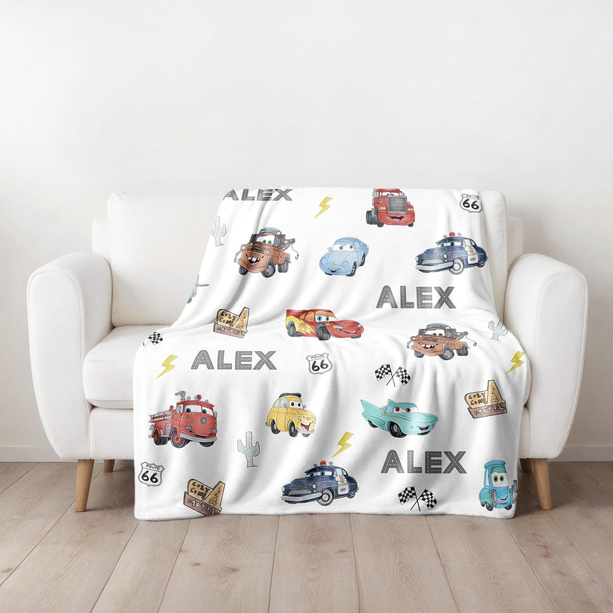 Route 66 Disney Cars Velveteen Plush Blanket - Personalized Lightning McQueen Tow Mater Friends, Custom Name Gift, Cozy Bedding, Kids Room