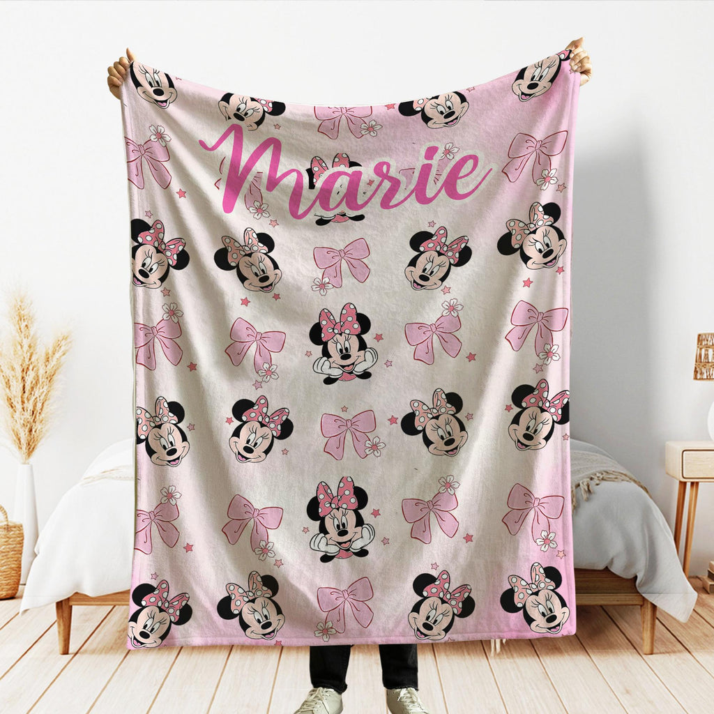 Personalized Minnie Coquette Bow Blanket, Pink Disney Minnie Blankets, Custom Kids Name gift, Magical Mouse blankets, Minnie Mouse Blankets