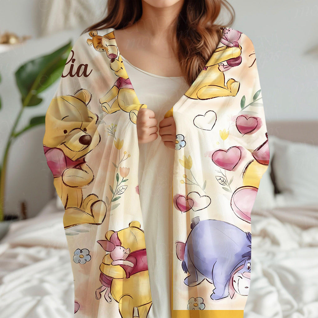 Personalized Watercolor Winnie The Pooh Blanket, Pooh and Friends Blankets, Custom Kids Name gift, Pooh Birthday blankets, Classic Pooh Bear
