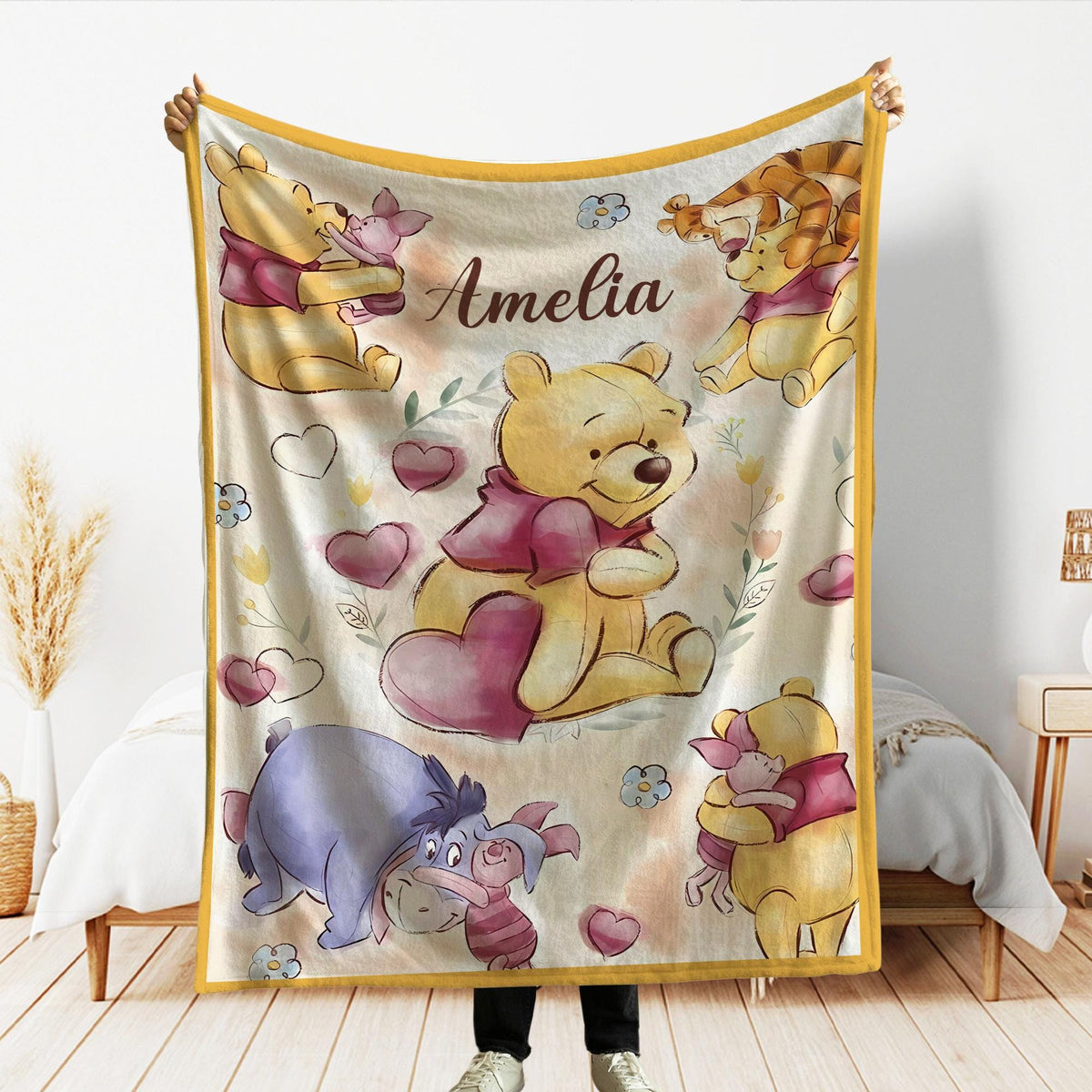 Personalized Watercolor Winnie The Pooh Blanket, Pooh and Friends Blankets, Custom Kids Name gift, Pooh Birthday blankets, Classic Pooh Bear