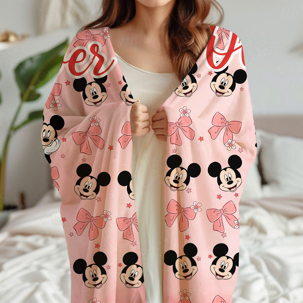 Mickey Coquette Bow Blanket, Personalized Pink Disney Mickey Blankets, Custom Kids Name gift, Magical Mouse blankets, Mickey Mouse Blankets