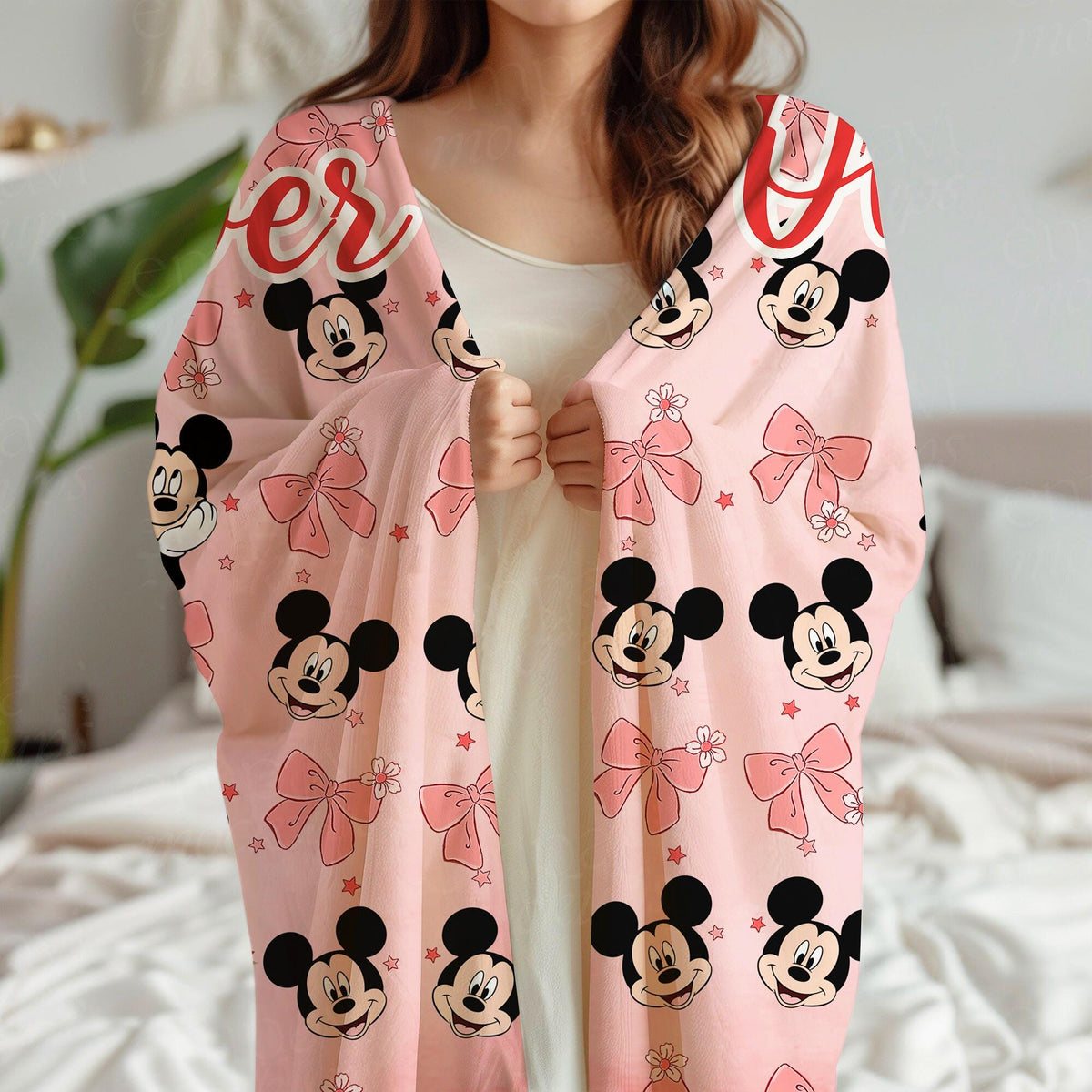 Mickey Coquette Bow Blanket, Personalized Pink Disney Mickey Blankets, Custom Kids Name gift, Magical Mouse blankets, Mickey Mouse Blankets
