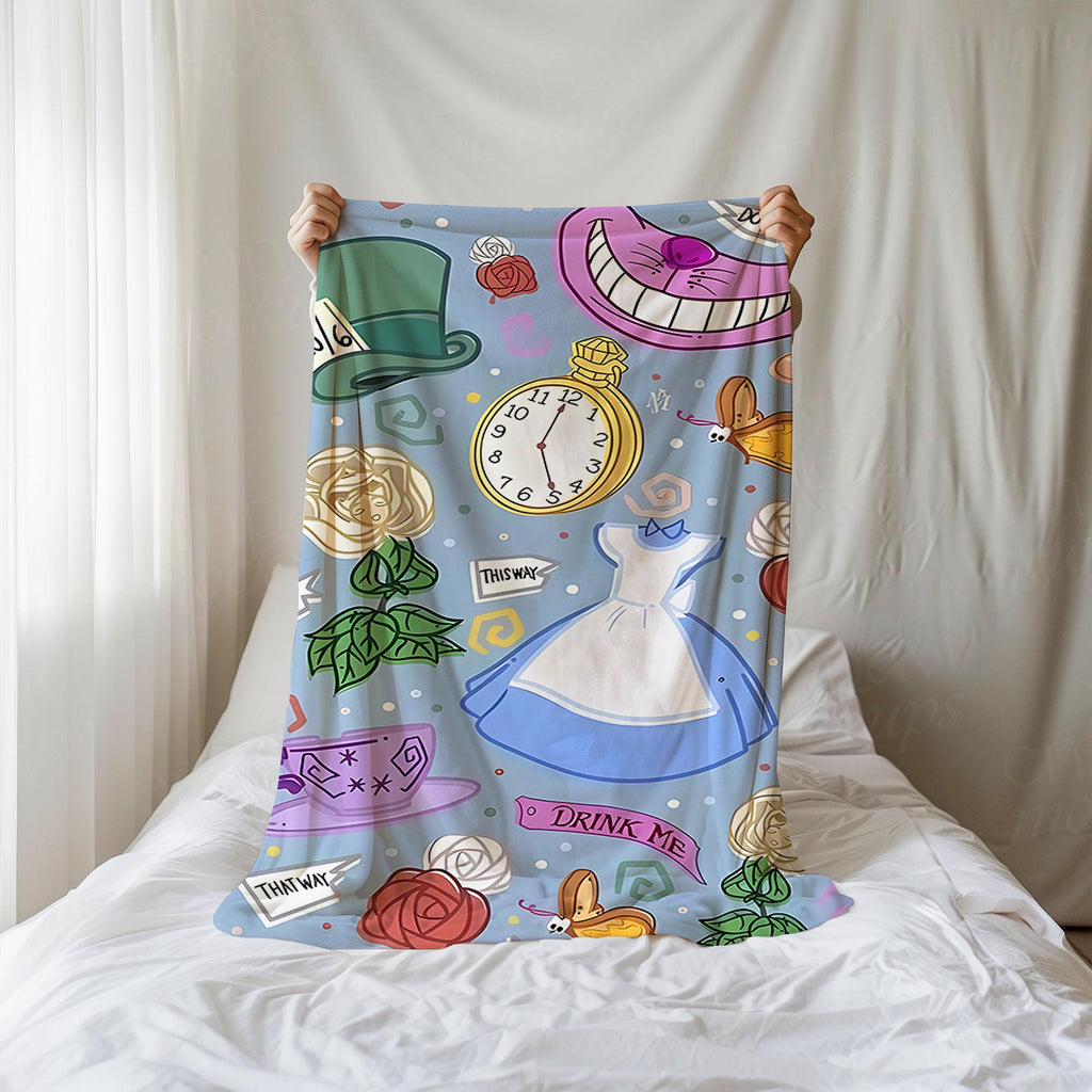 Disney Alice In Wonderland Blanket, Disney Alice Blanket, Birthday Girls, Cheshire Cat Blanket, Mad Hatter Throw, Queen of Hearts Blanket