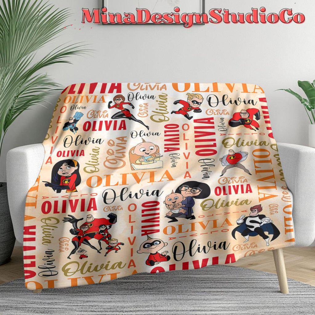 Personalized Watercolor Disney The Incredibles Blanket, Mr Incredible Elastigirl Violet Dash Jack Jack Family Birthday Boy/Girl Home Decor