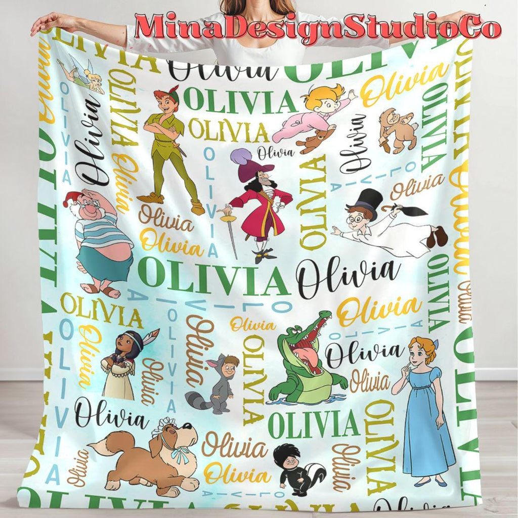 Personalized Watercolor Never Grow Up Disney Peter Pan Blanket, Peter Pan Wendy Tinker Bell Neverland, Captain Hook Pirate Family Home Decor