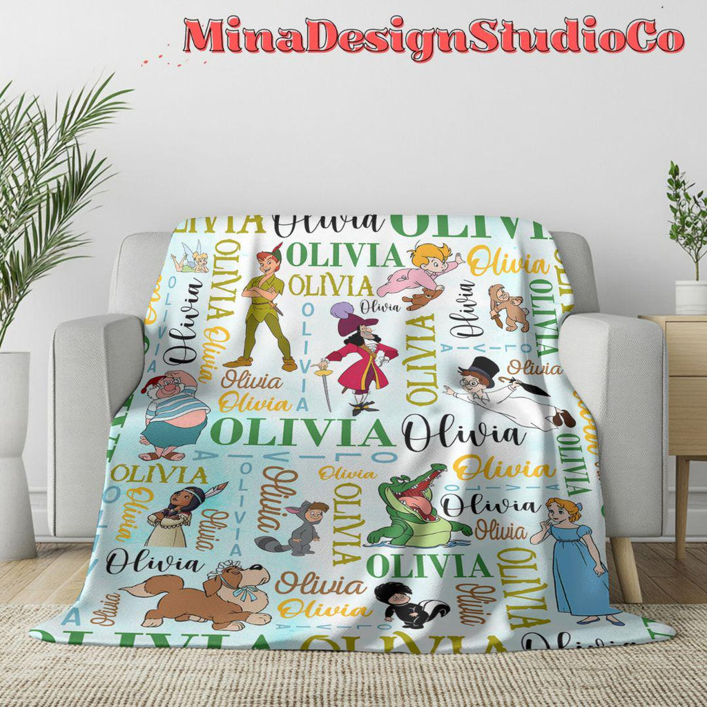 Personalized Watercolor Never Grow Up Disney Peter Pan Blanket, Peter Pan Wendy Tinker Bell Neverland, Captain Hook Pirate Family Home Decor