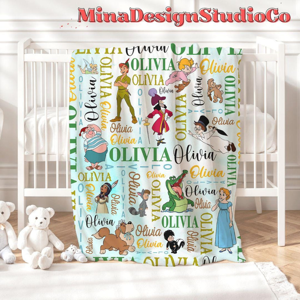 Personalized Watercolor Never Grow Up Disney Peter Pan Blanket, Peter Pan Wendy Tinker Bell Neverland, Captain Hook Pirate Family Home Decor