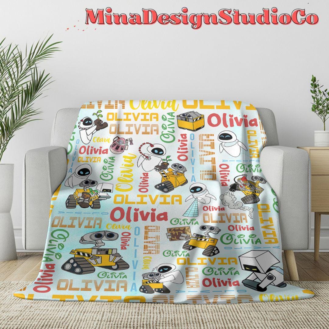 Personalized Watercolor Disney WALL E Blanket, Galaxy Robot EVE WALL E Couple Gift, Birthday Boy, Birthday Girl Blanket Family Home Decor