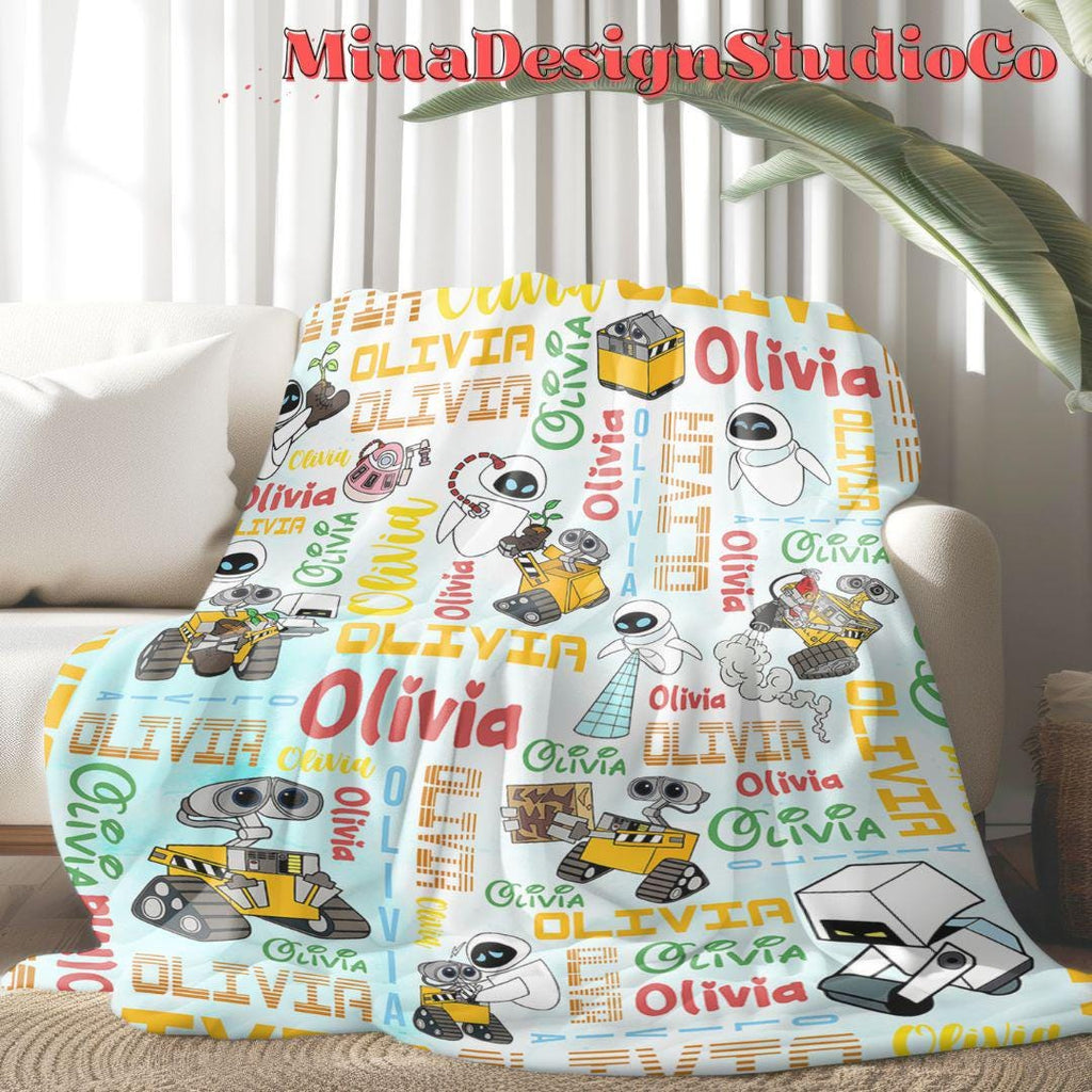 Personalized Watercolor Disney WALL E Blanket, Galaxy Robot EVE WALL E Couple Gift, Birthday Boy, Birthday Girl Blanket Family Home Decor