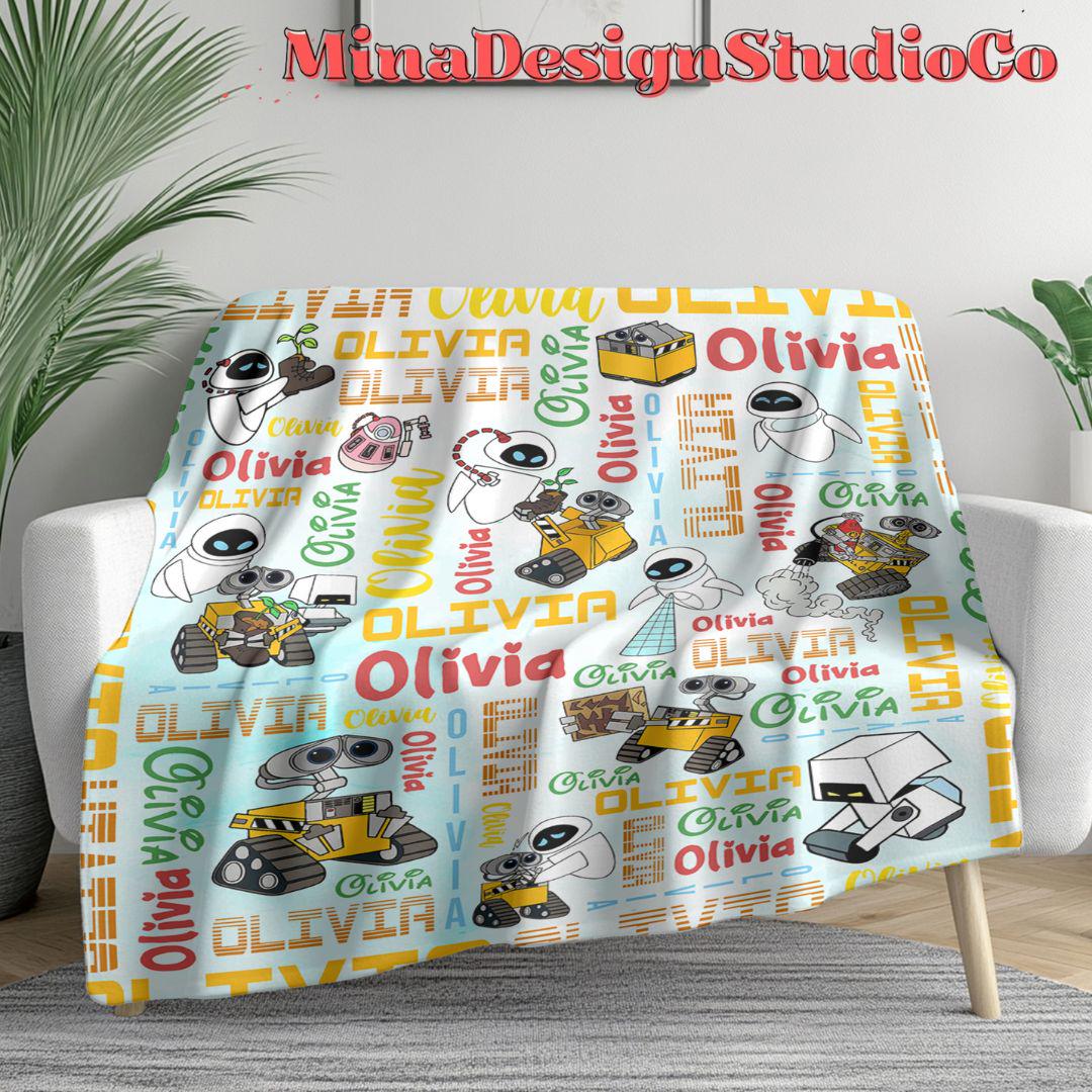 Personalized Watercolor Disney WALL E Blanket, Galaxy Robot EVE WALL E Couple Gift, Birthday Boy, Birthday Girl Blanket Family Home Decor