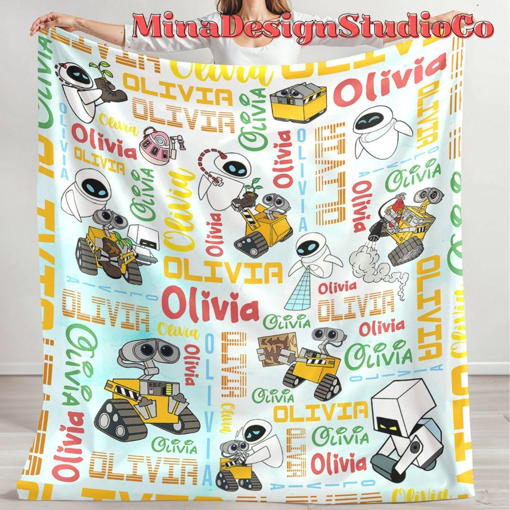 Personalized Watercolor Disney WALL E Blanket, Galaxy Robot EVE WALL E Couple Gift, Birthday Boy, Birthday Girl Blanket Family Home Decor