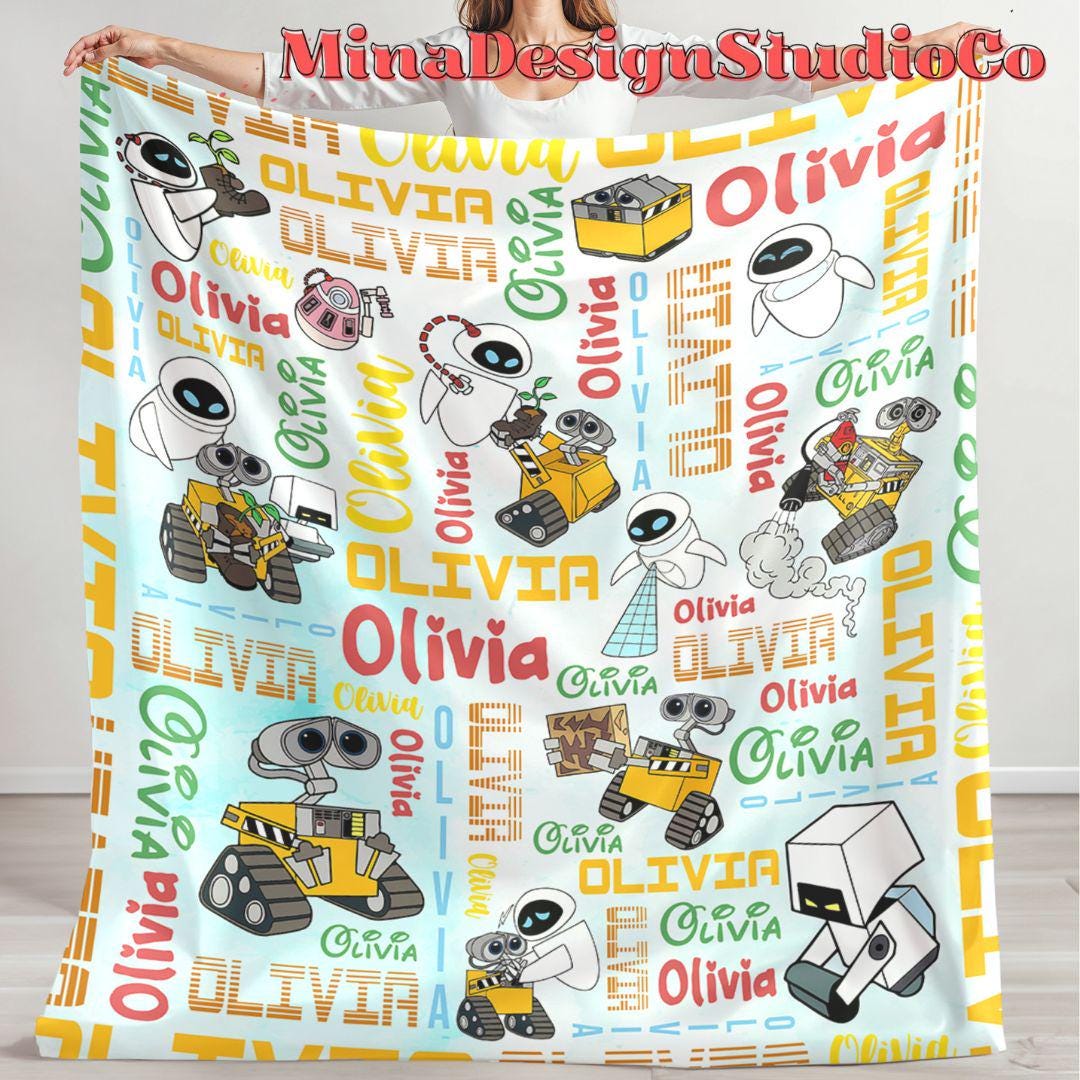 Personalized Watercolor Disney WALL E Blanket, Galaxy Robot EVE WALL E Couple Gift, Birthday Boy, Birthday Girl Blanket Family Home Decor